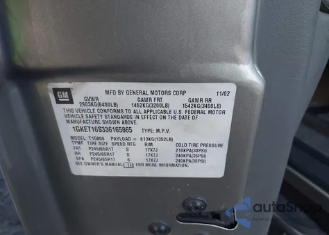 2003 GMC Envoy Xl Slt z USA, uszkodzony, nr VIN 1GKET16S336165865